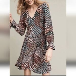 Anthropologie Maeve Monaco Dress M Boho Art Deco Print Long Sleeve Fit Flare